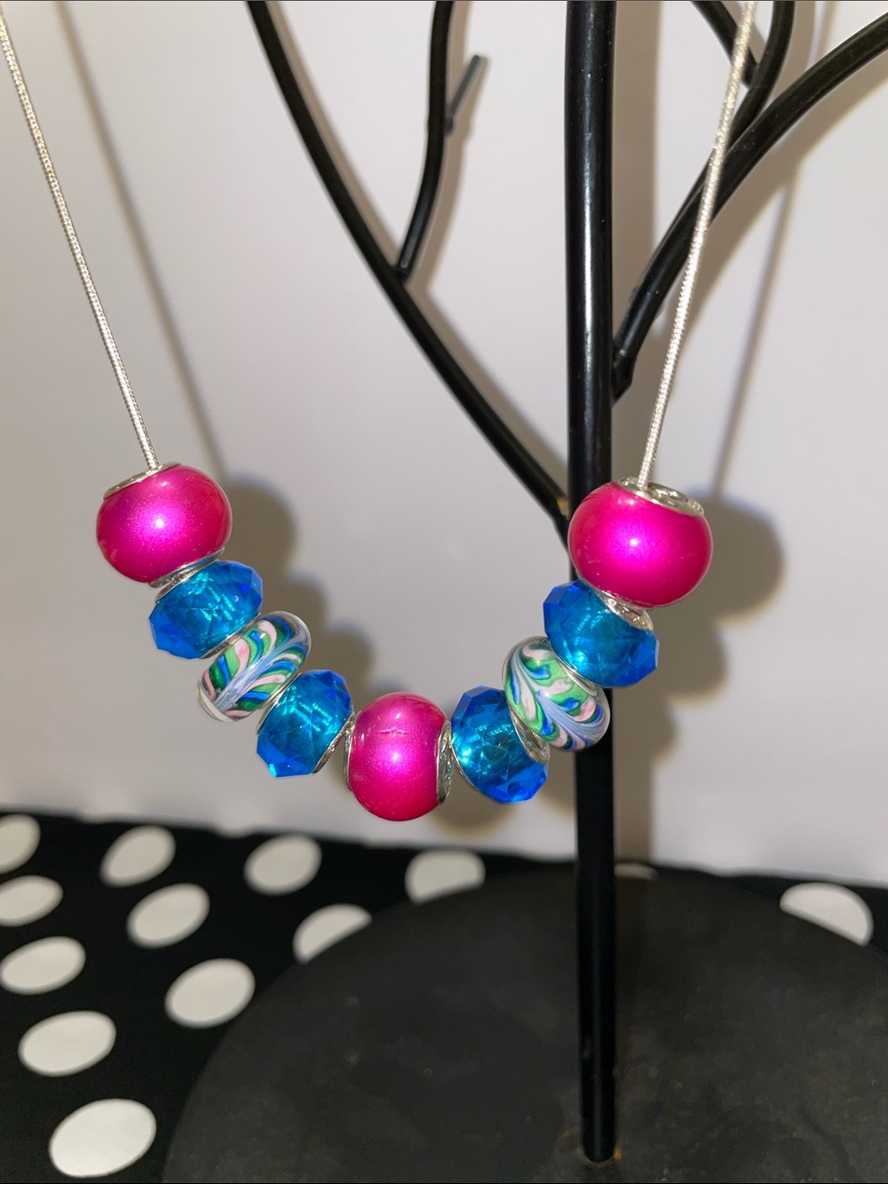 22” Sterling Silver Chain with Vibrant Pink & Aquamarine glass beads